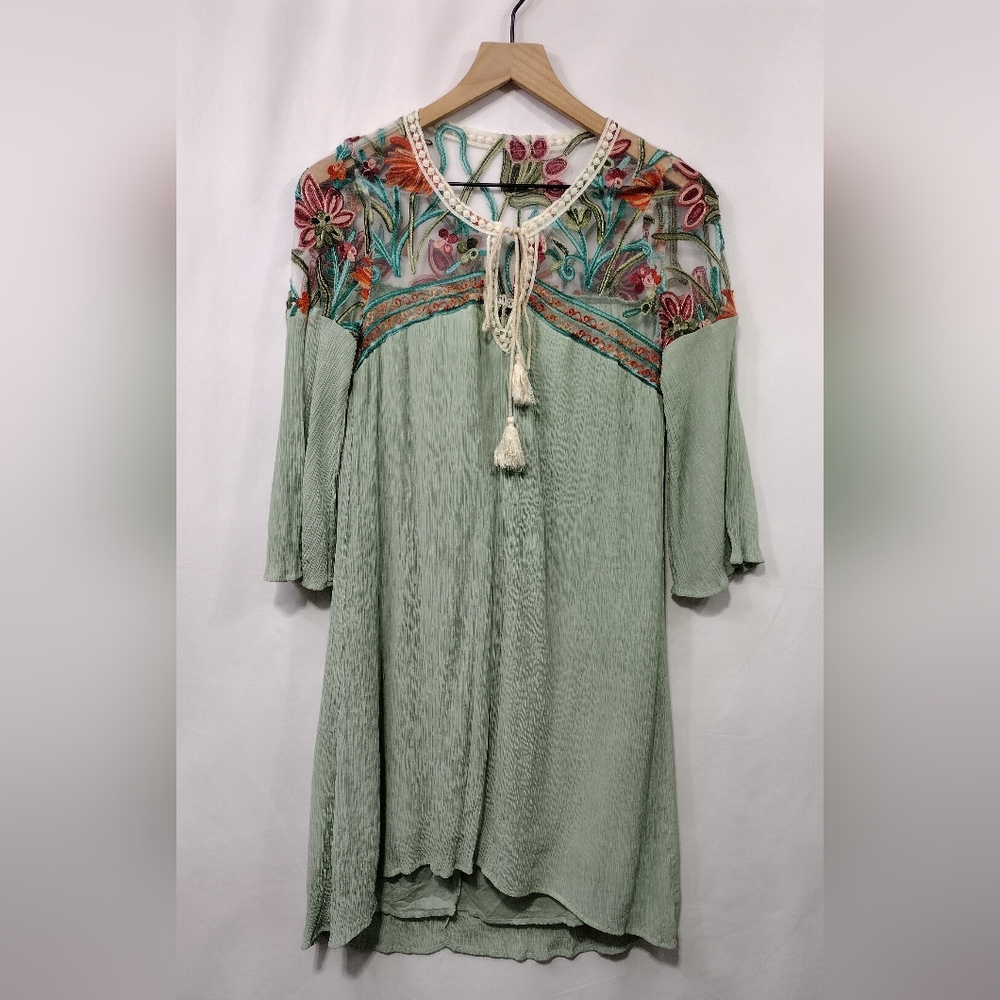 NWT Tassels N Lace Embroidered Floral Lace Dress Women's S Green Boho Retro 90s
